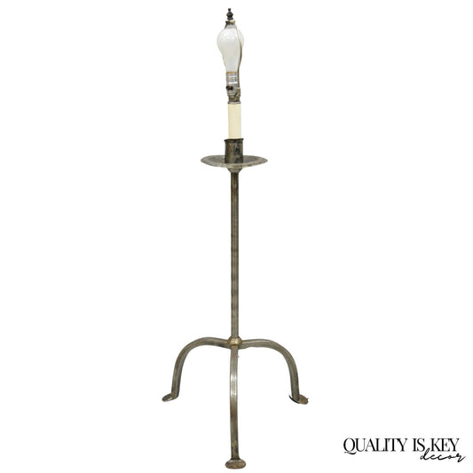 Vintage Spanish Gothic Hand Wrought Iron Candlestick Short Italian Floor Lamp