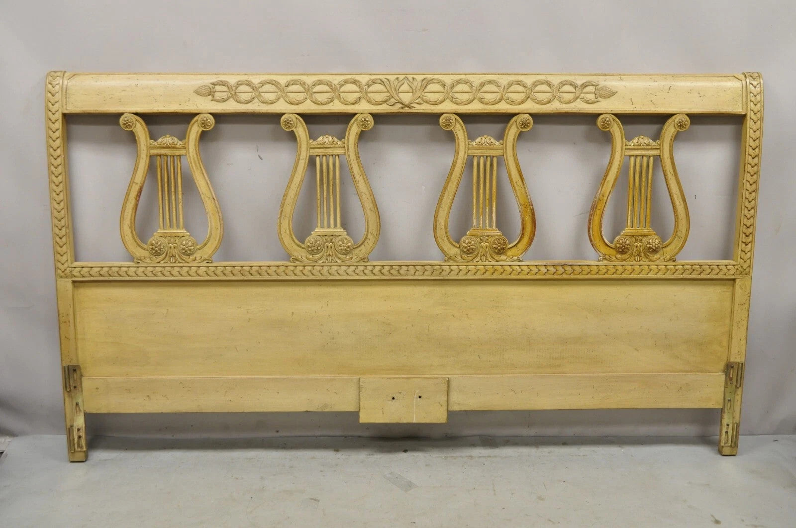 Vintage Italian Neoclassical Carved Lyre Harp Wooden King Size Bed Headboard