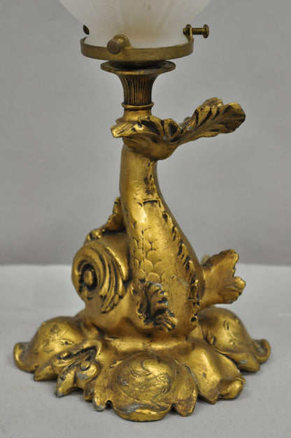 Antique French Art Nouveau Small Gold Gilt Metal Figural Dolphin Table Lamp