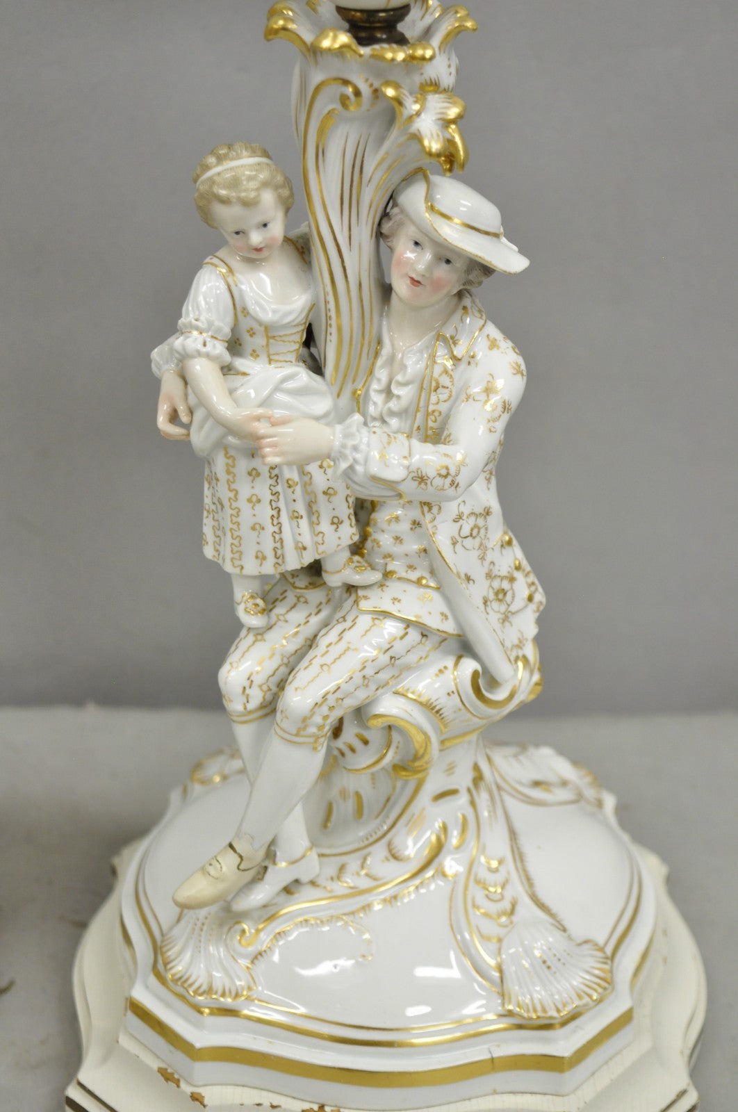 Antique Meissen Porcelain German Figural Lighted Candlestick Table Lamps - Pair