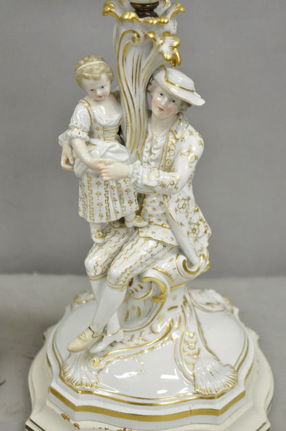 Antique Meissen Porcelain German Figural Lighted Candlestick Table Lamps - Pair