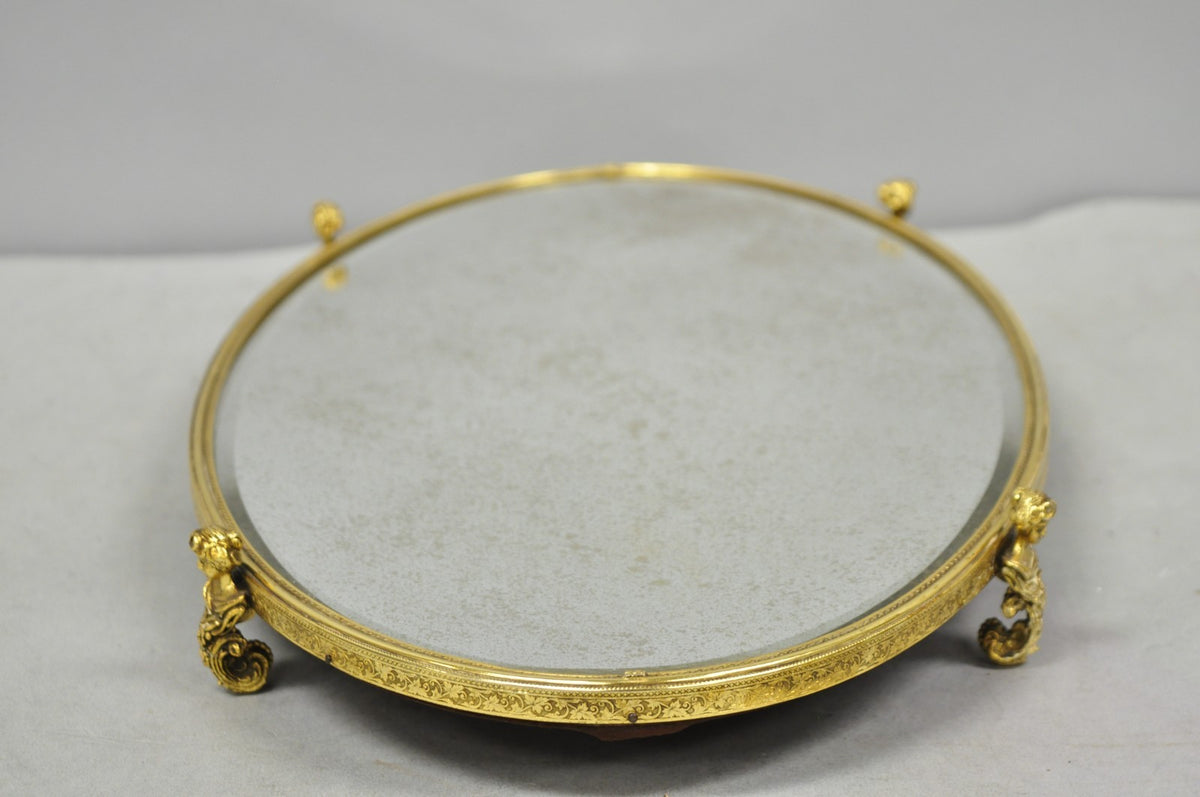 Vintage Hollywood Regency Gold Maiden Bust Oval Beveled Glass Mirror Vanity Tray