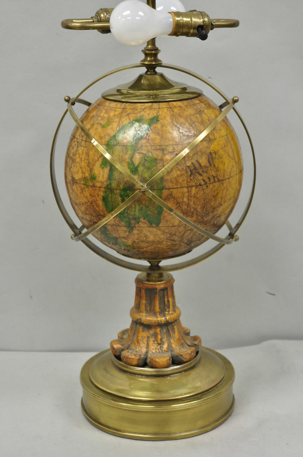 Vintage Italian Regency Style Brass & Wood Old World Globe Table Lamp by Hart