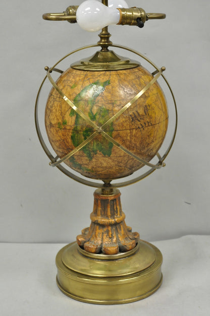 Vintage Italian Regency Style Brass & Wood Old World Globe Table Lamp by Hart