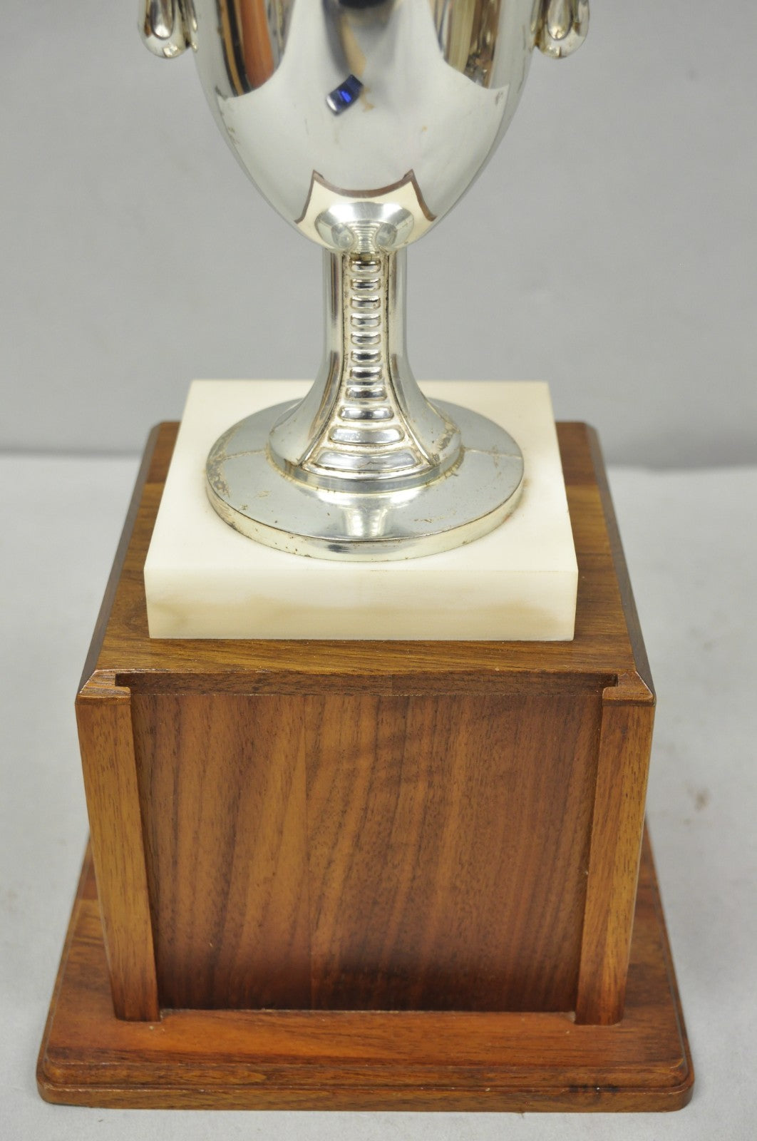 Vintage 1970s Art Deco Silver Metal Marble & Wood Figural Golf Trophy Award Cup