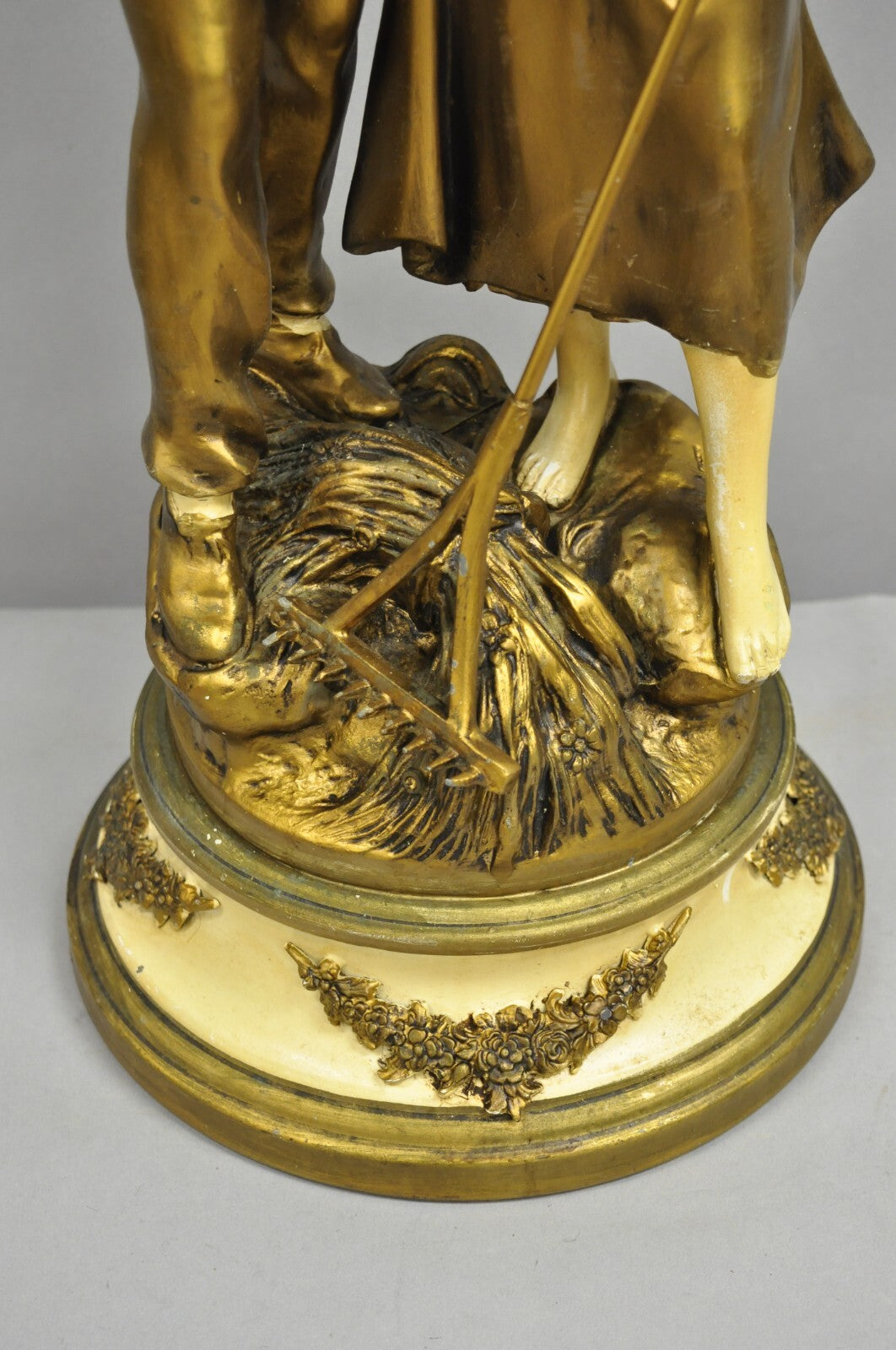 Antique French Renaissance Moreau Figural Metal Table Lamp, Wife & Farmer