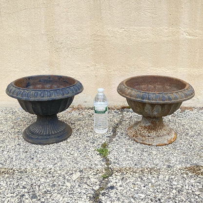 Antique French Empire Style Small 12" Cast Iron Urn Garden Planter Pots - Pair