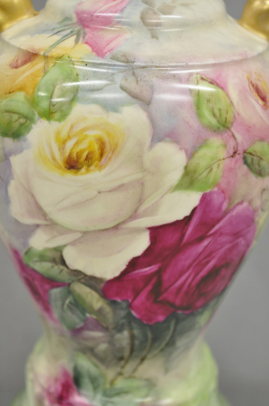 Antique Victorian French Porcelain Hand Painted Flower Vase Form Table Lamp