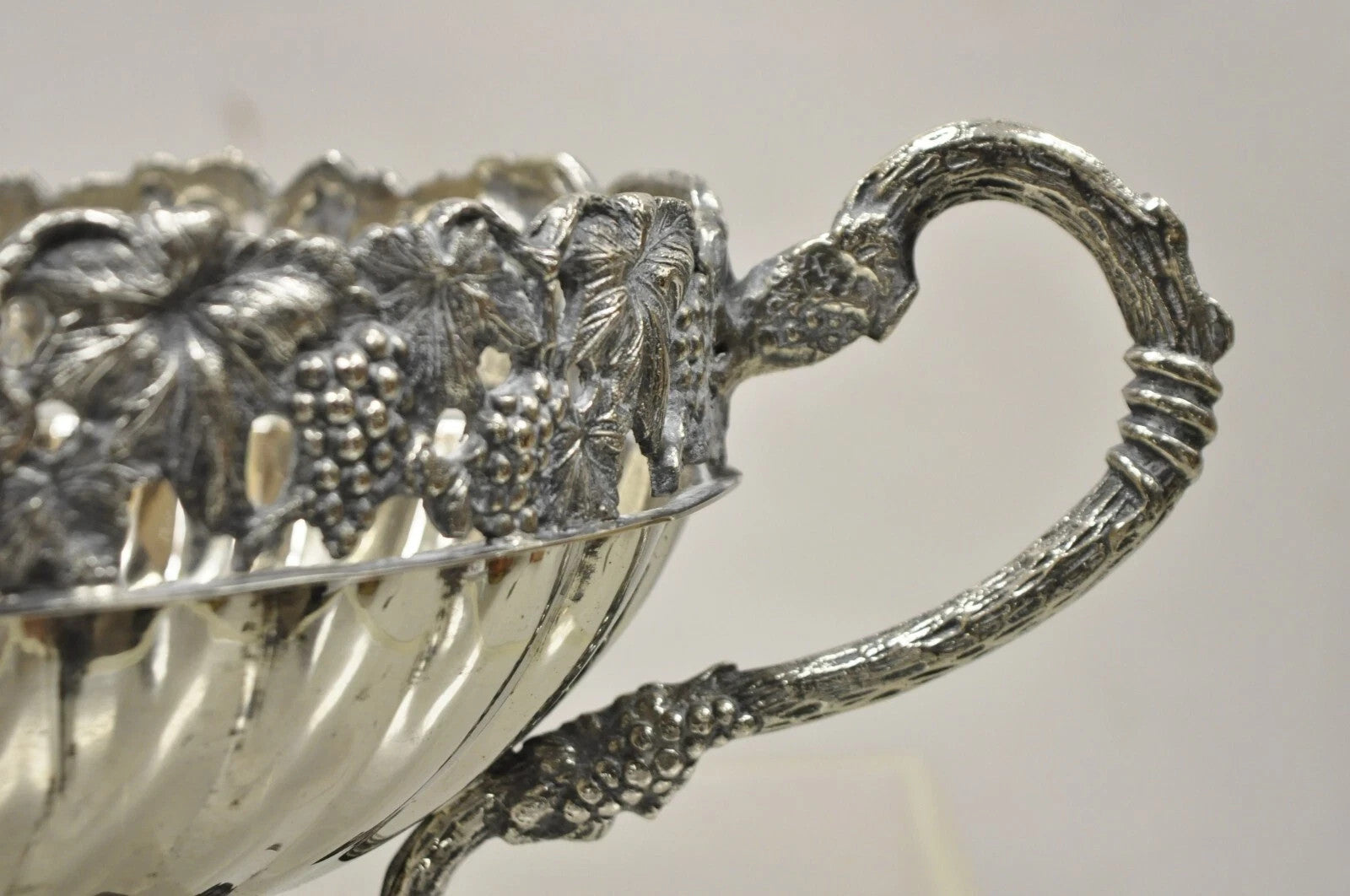 Antique Victorian Silver Plate Grapevine Oval Twin Handle Centerpiece Fruit Bowl