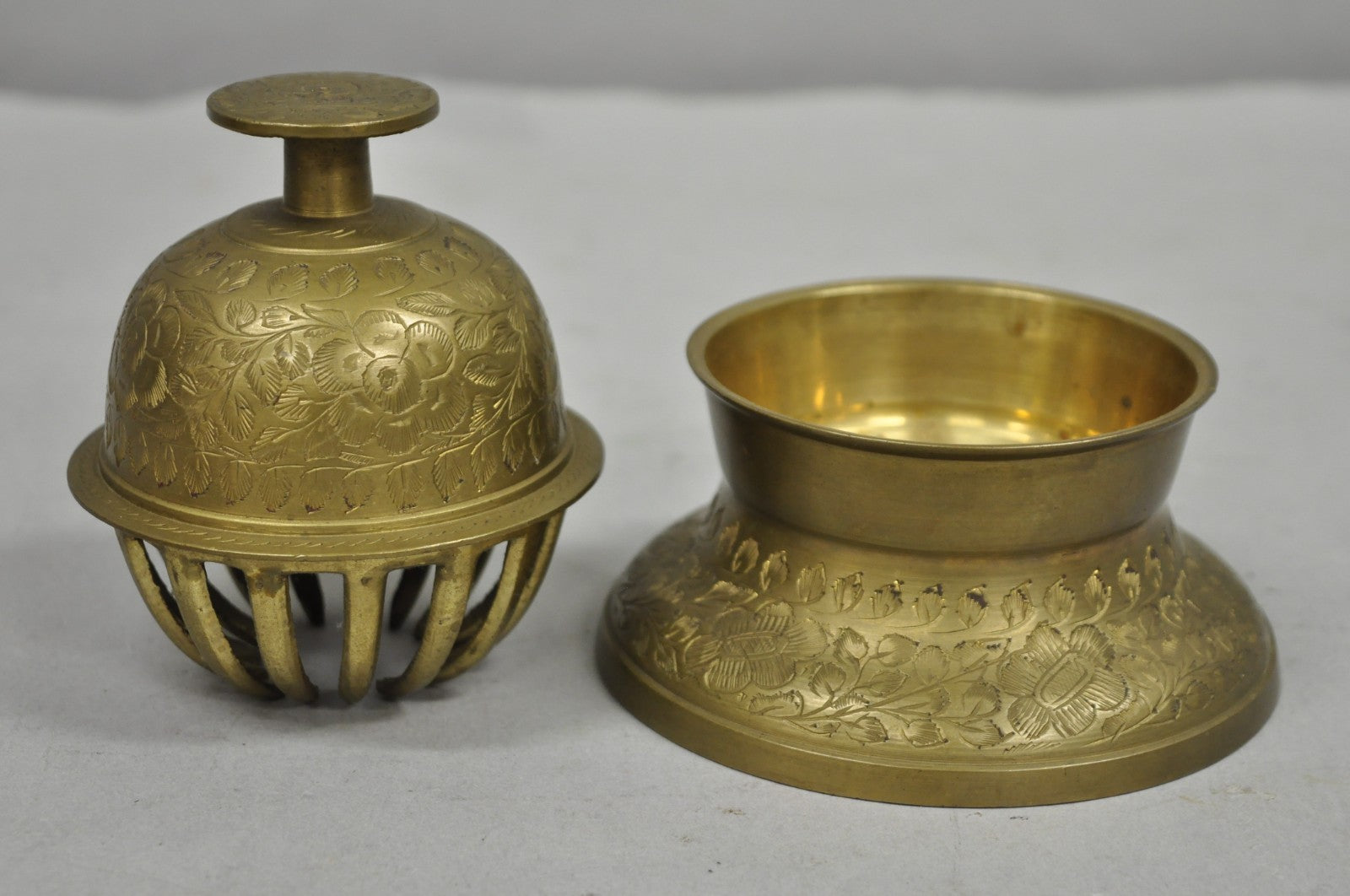 Vintage Anglo Indian Solid Brass Elephant Claw Engraved Dinner Bell on Stand