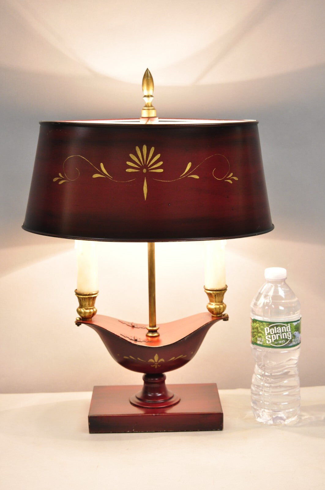 Vintage French Empire Red Painted Tole Metal Bouillotte Desk Table Lamp w/ Shade