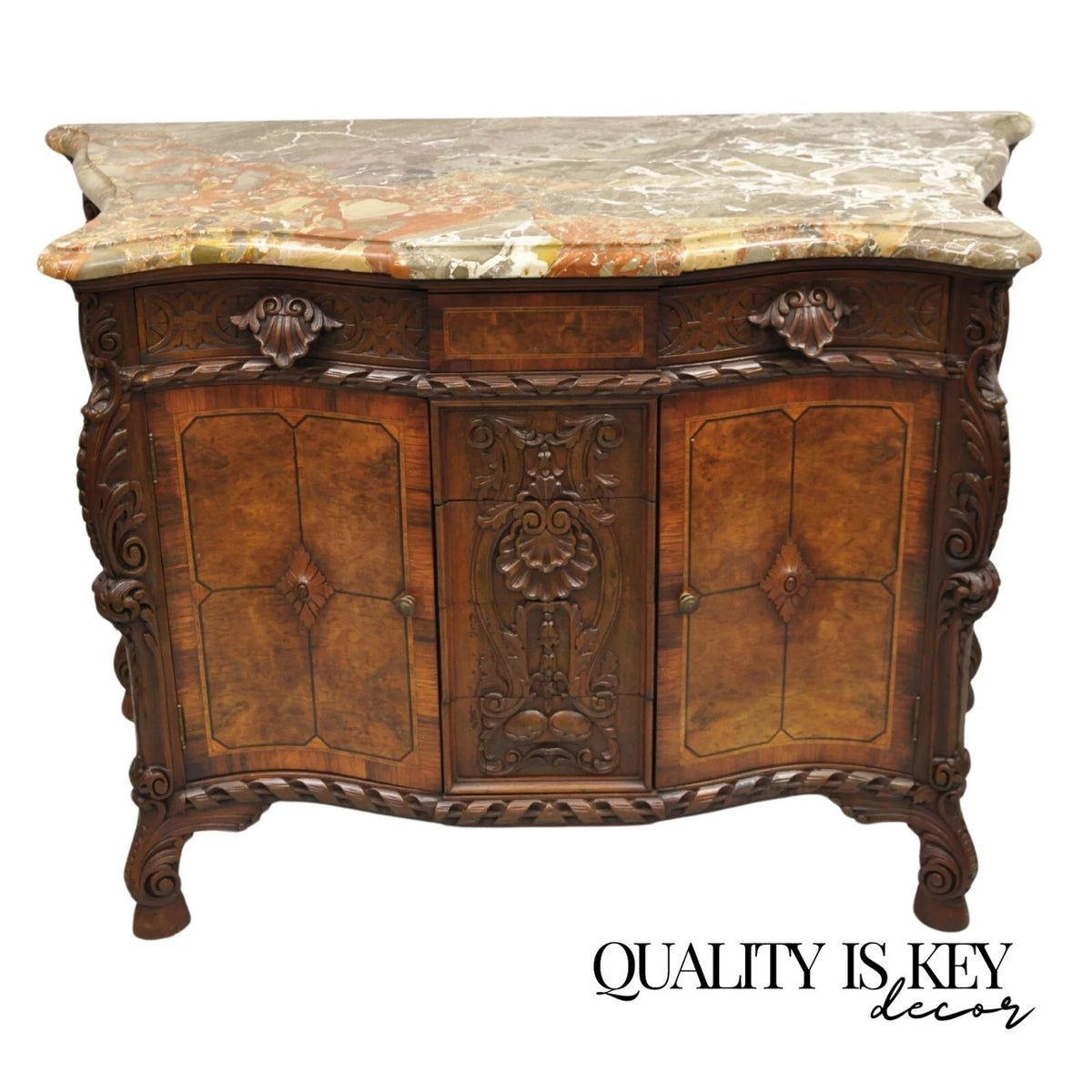 Antique French Louis XV Baroque Burl Walnut Marble Top Commode 5 Drawer Dresser