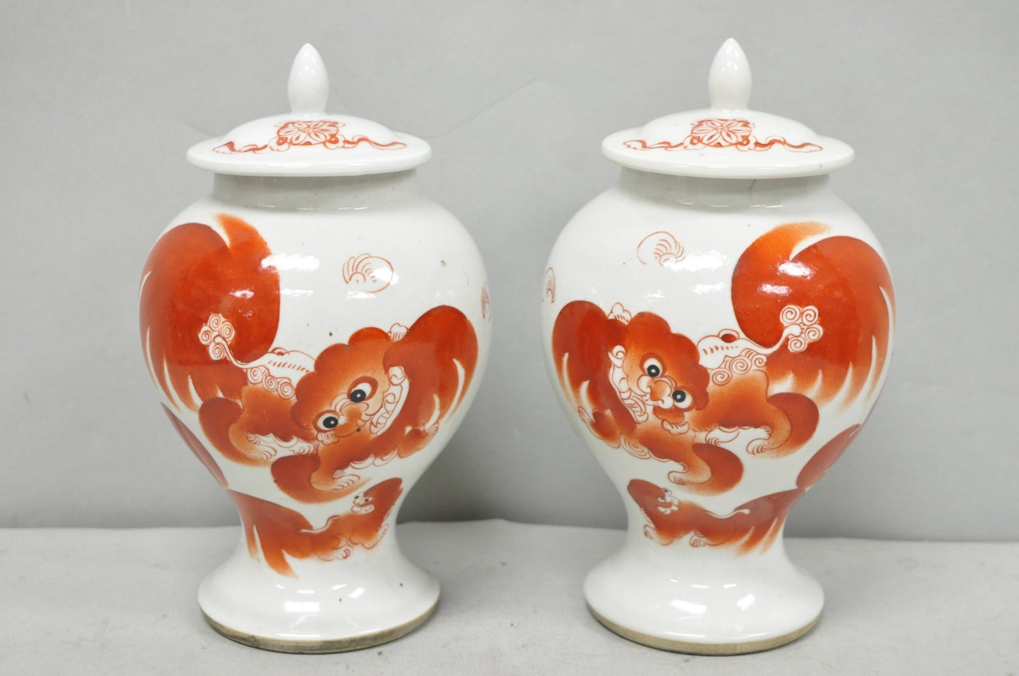 Vintage Chinese Hand Painted Foo Dog Porcelain Covered Ginger Jar - a Pair