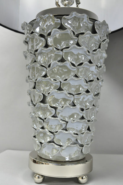 Contemporary Modern Gray Porcelain Leaf Leaves Chrome Table Lamps - a Pair