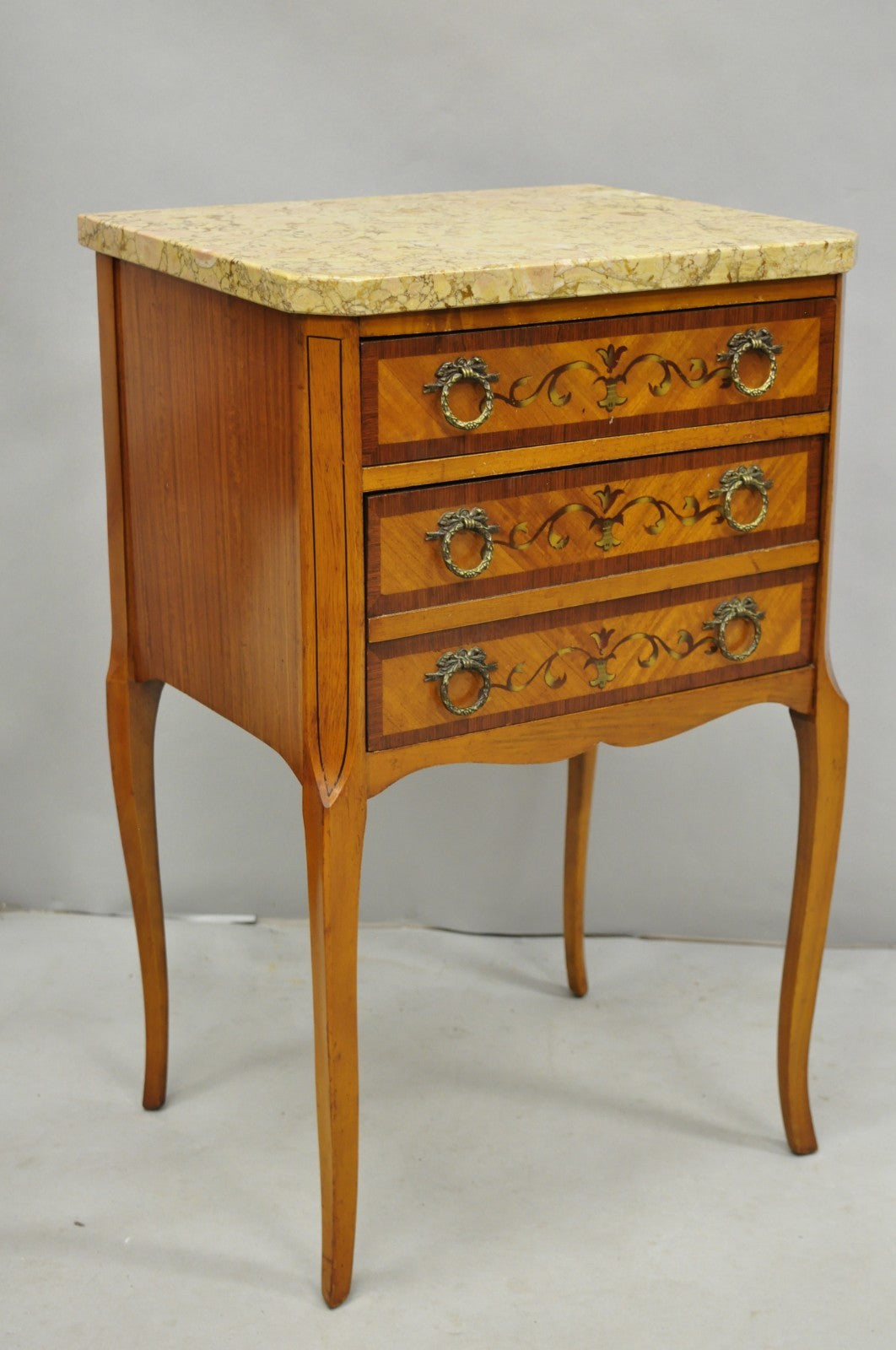 Antique French Louis XV Satinwood Marble Top Painted Nightstand Bedside Table