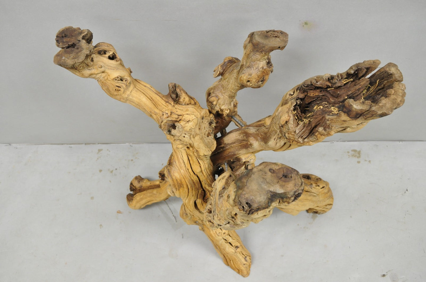 Vintage Mid Century Modern Natural Burl Driftwood Demilune Glass Console Table