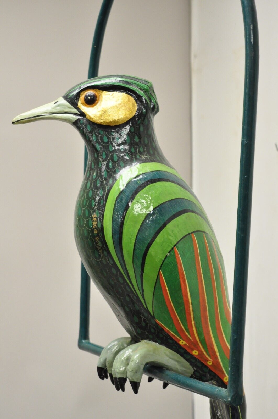 Signed Sergio Bustamante Paper Mache Green Parrot Bird Hanging Sculpture