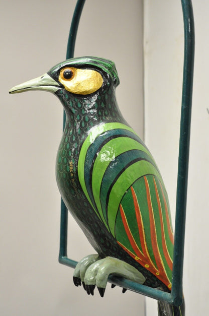 Signed Sergio Bustamante Paper Mache Green Parrot Bird Hanging Sculpture