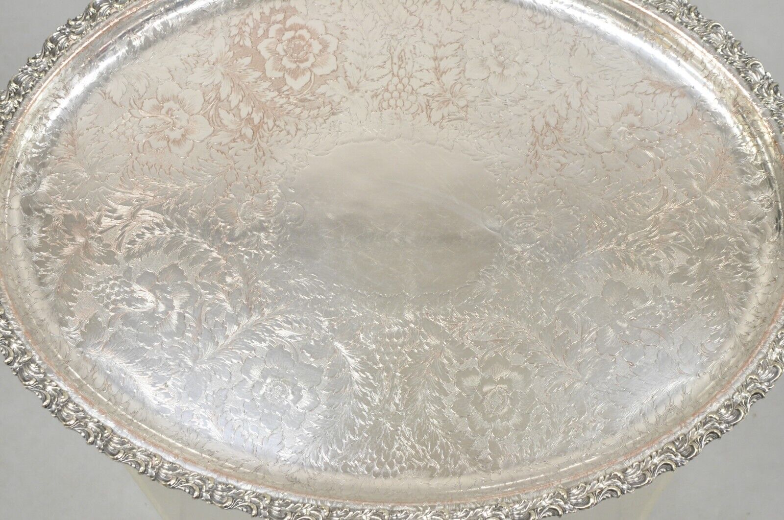 Antique English Victorian Art Nouveau Floral Repousse Oval Serving Platter Tray