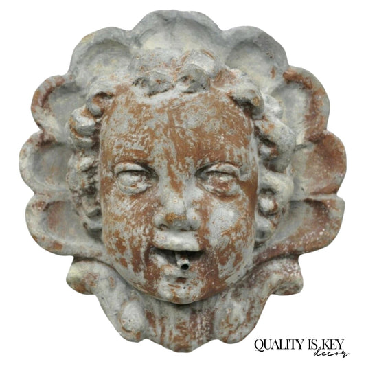 Antique French Neoclassical Small Lead Cherub Head Garden Wall Fountain