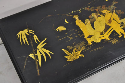 Vintage Chinoiserie Oriental Black Lacquer Gold Gilt Trestle Bench Coffee Table
