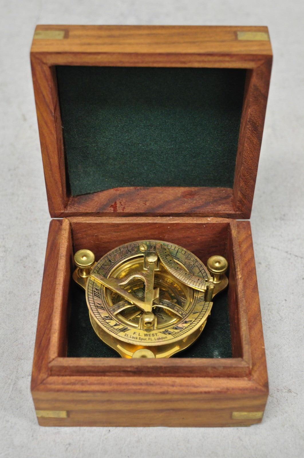 Vintage English Campaign Brass Round Sundial Compass with Small Rosewood Box