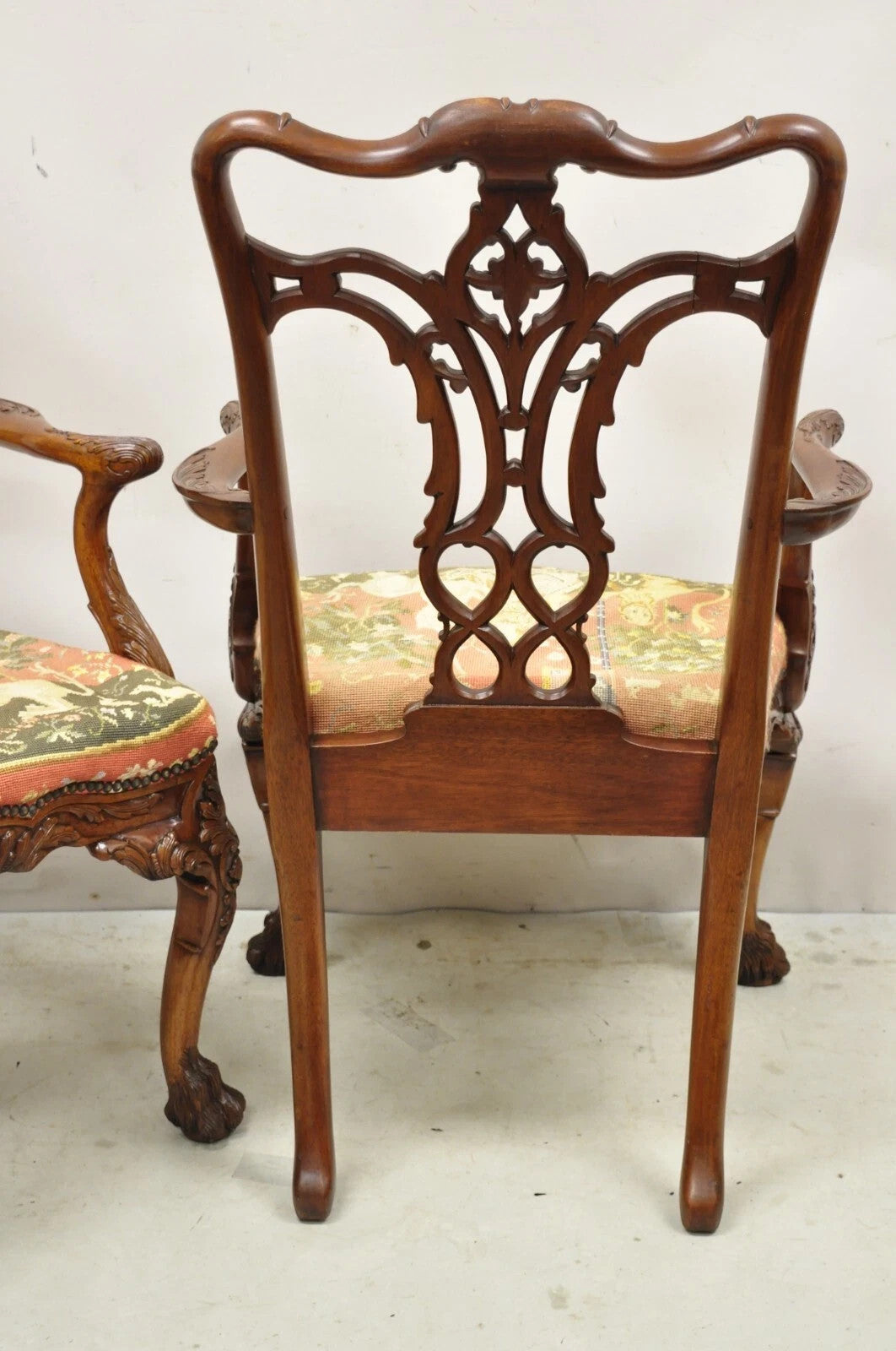 Maitland Smith Georgian Carved Mahogany Needlepoint Dining Arm Chairs - a Pair