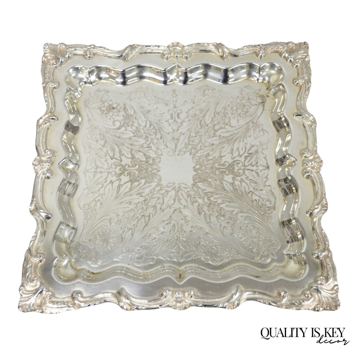 Vintage English Silver Mfg. Silver Plated Ornate Square Bar Serving Platter Tray