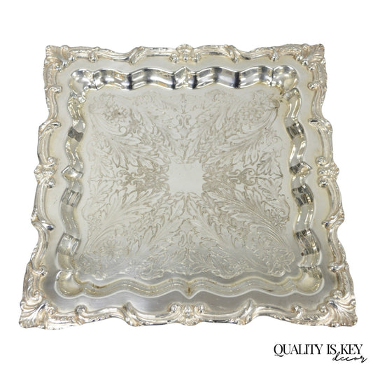 Vintage English Silver Mfg. Silver Plated Ornate Square Bar Serving Platter Tray