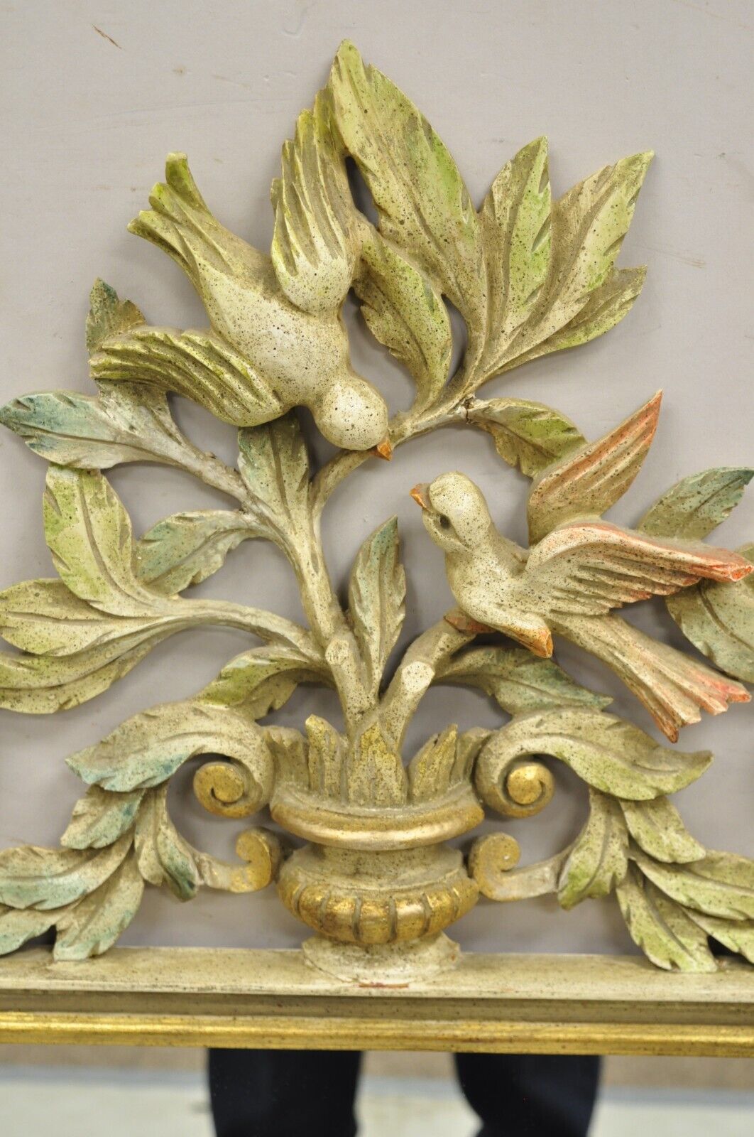Vintage Italian Neoclassical Carved Wood Painted Birds & Flowers Wall Mirror