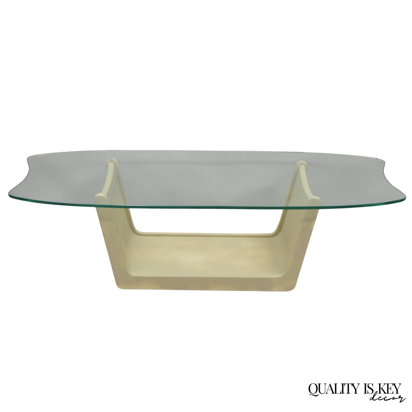 Vintage Mid Century Modern Painted Walnut Waterfall Base Glass Top Coffee Table