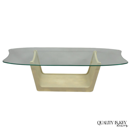 Vintage Mid Century Modern Painted Walnut Waterfall Base Glass Top Coffee Table
