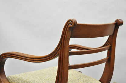 Vintage English Regency Style Cane Seat Mahogany Saber Leg Arm Chairs - a Pair