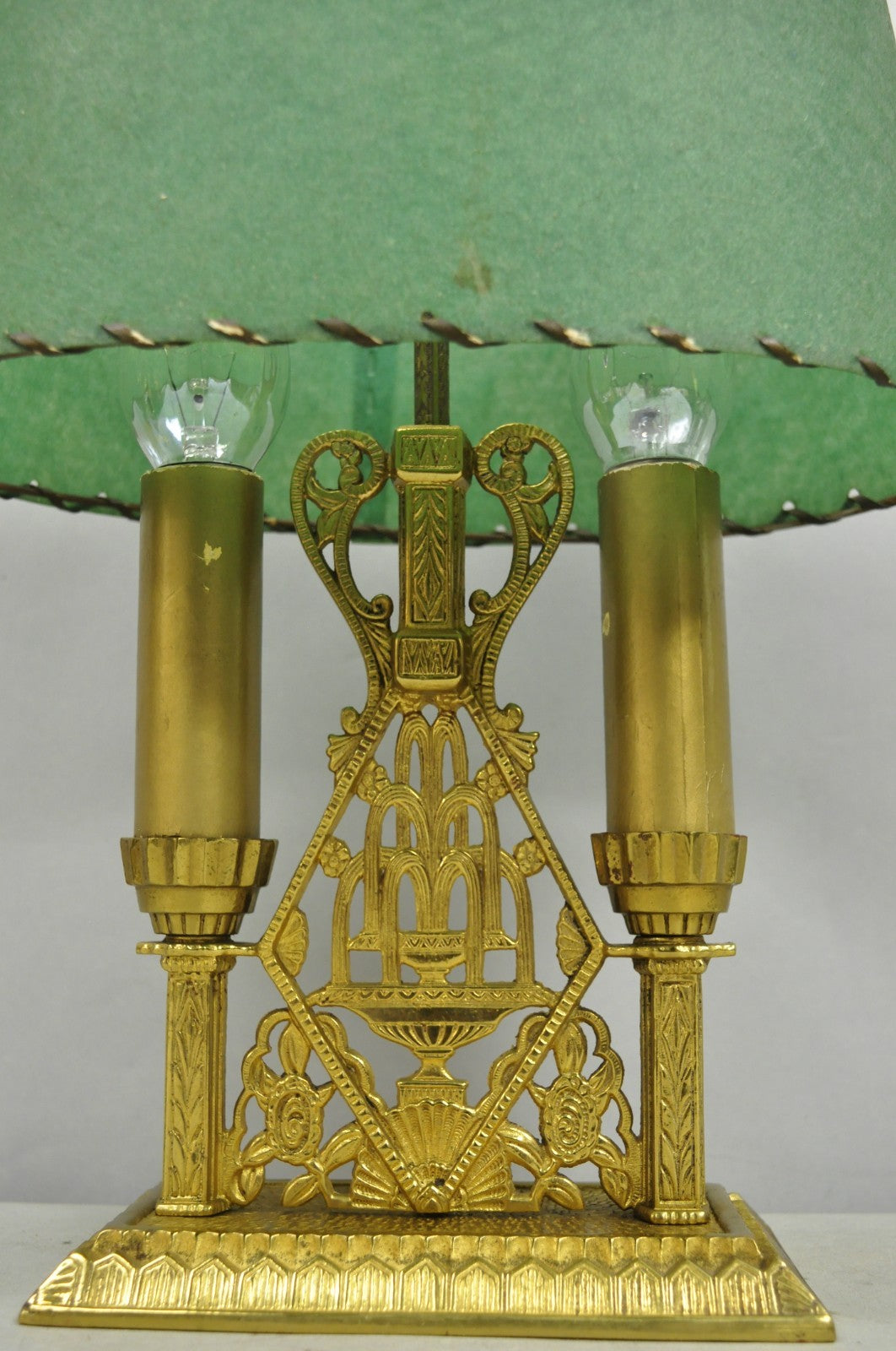 Antique Art Deco Art Nouveau Gold Gilt Metal Student Desk Lamp w/ Green Shade