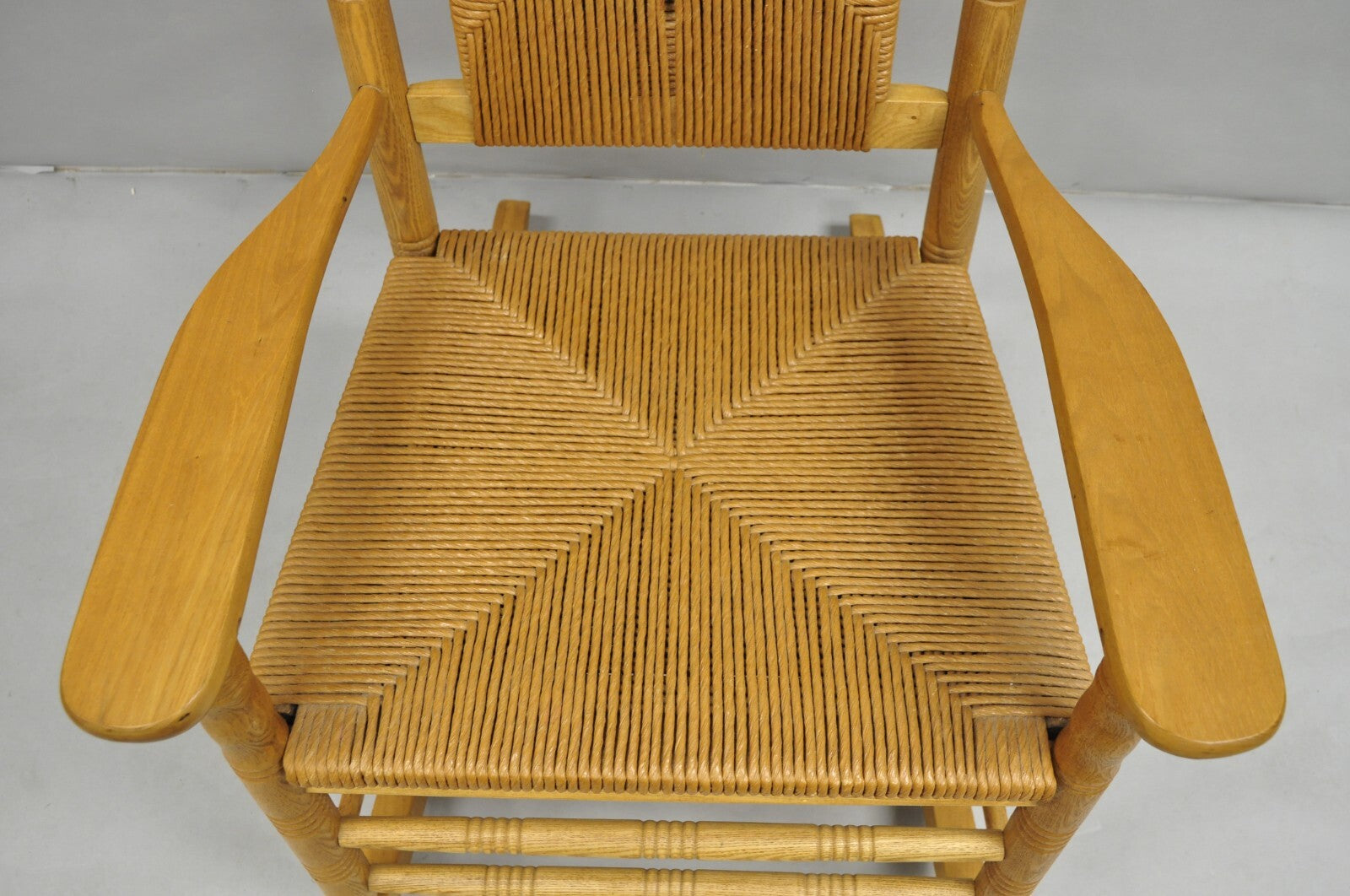 American Primitive Rustic Oak Wood Rush Seat Rocking Chair by Cracker Barrel