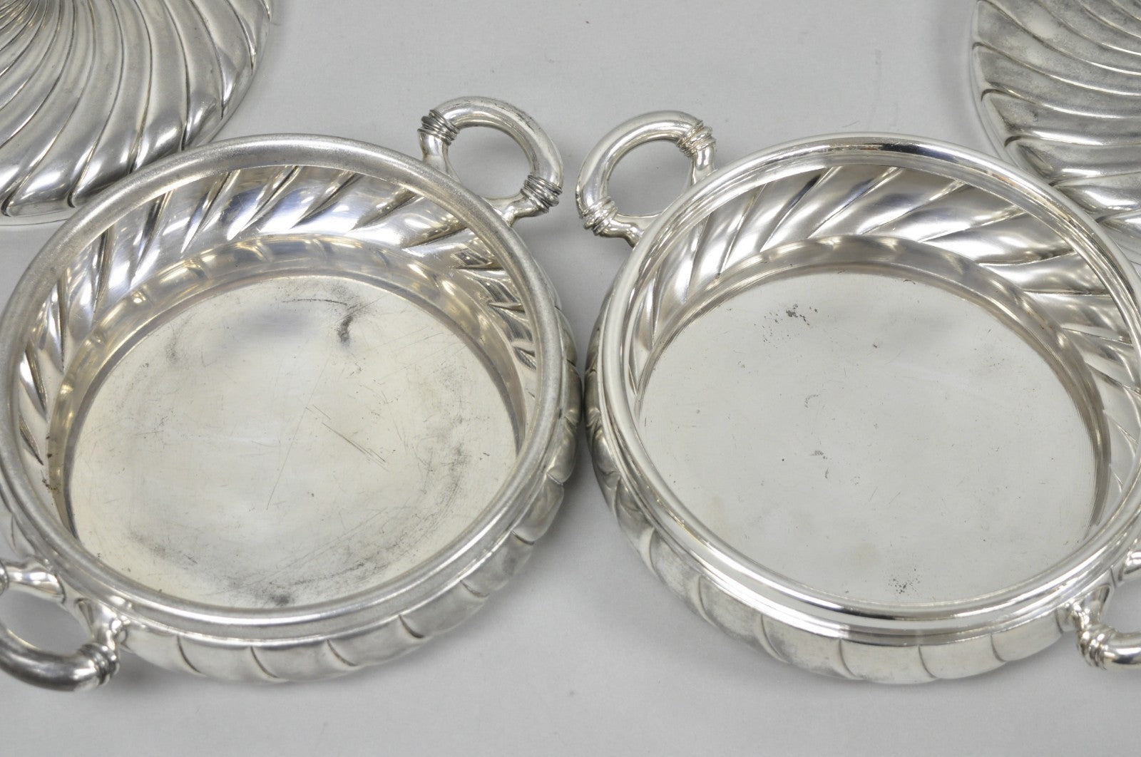 Antique Meriden B Co Spiral Swirl Silver Plated Covered Serving Dish Tureen Pair