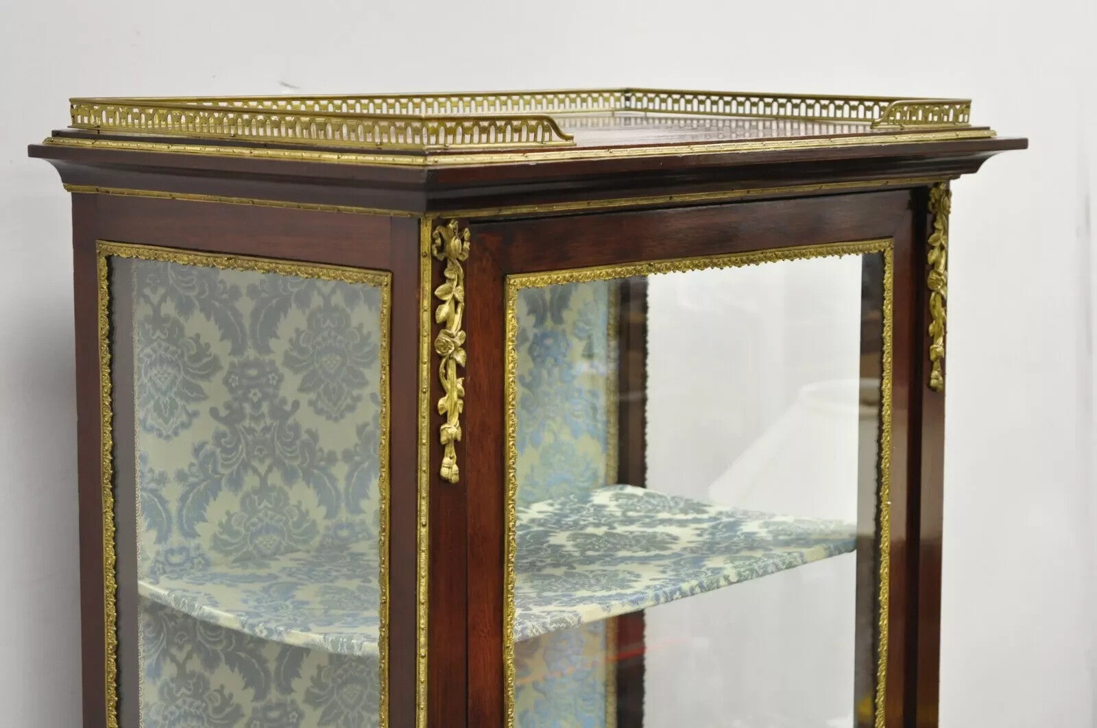 Antique French Louis XV Style Bronze Mount Hand Painted Curio Display Cabinet