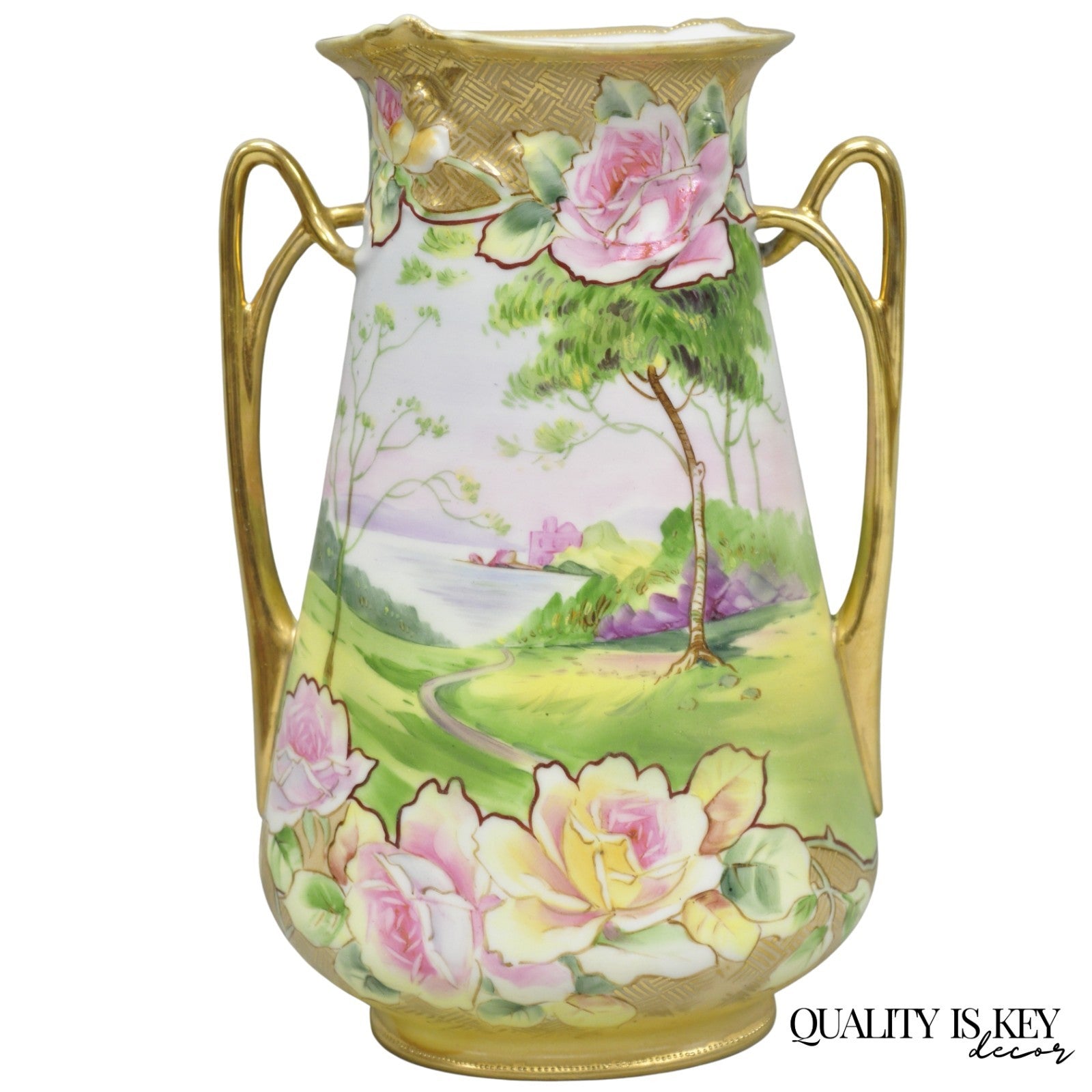 Antique Nippon Hand Painted Porcelain Twin Handle Vase w /Flowers & Lake Scene