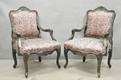 Vintage Italian Baroque Rococo Style Silver Leaf Gilt Lounge Arm Chairs - a Pair