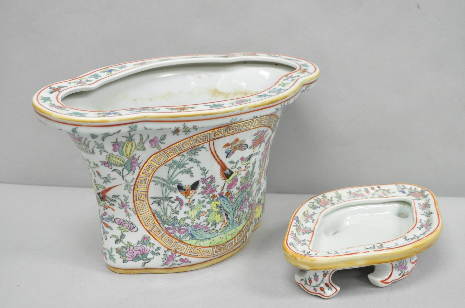 Vintage Chinese Export Porcelain Bird Painted Cachepot Flower Pot Vase