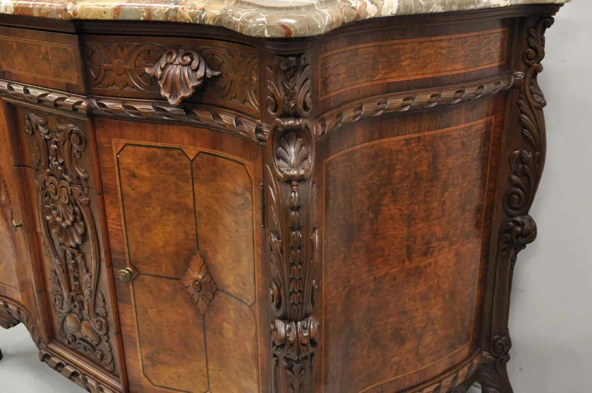 Antique French Louis XV Baroque Burl Walnut Marble Top Commode 5 Drawer Dresser