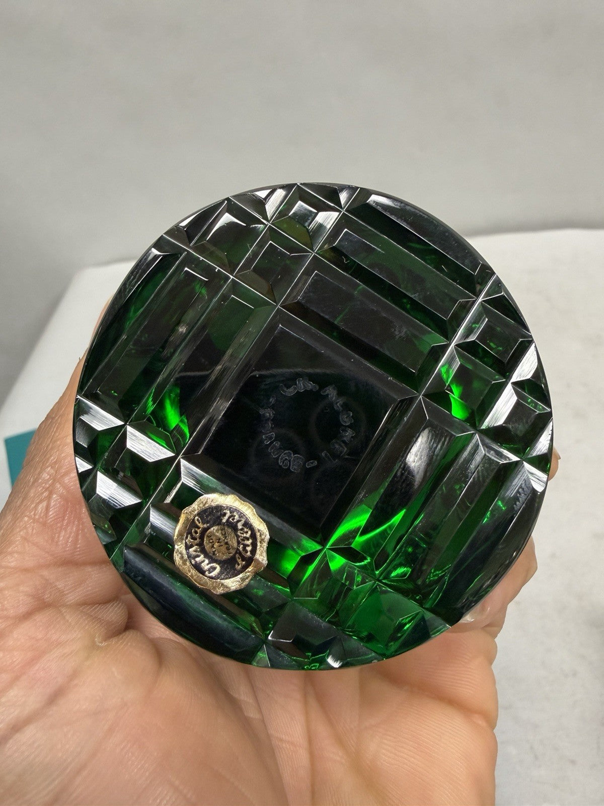 Cristal D'Albret France JFK Jackie Kennedy Sulphide Paperweight Faceted Green