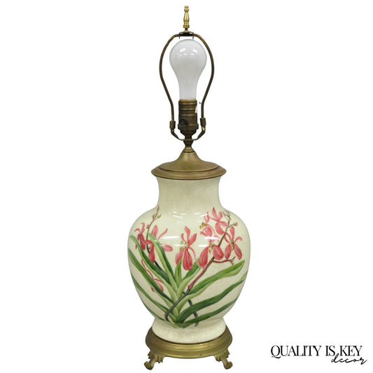 Vintage Art Nouveau Style Pink Flower Painted Porcelain Table Lamp by Wildwood
