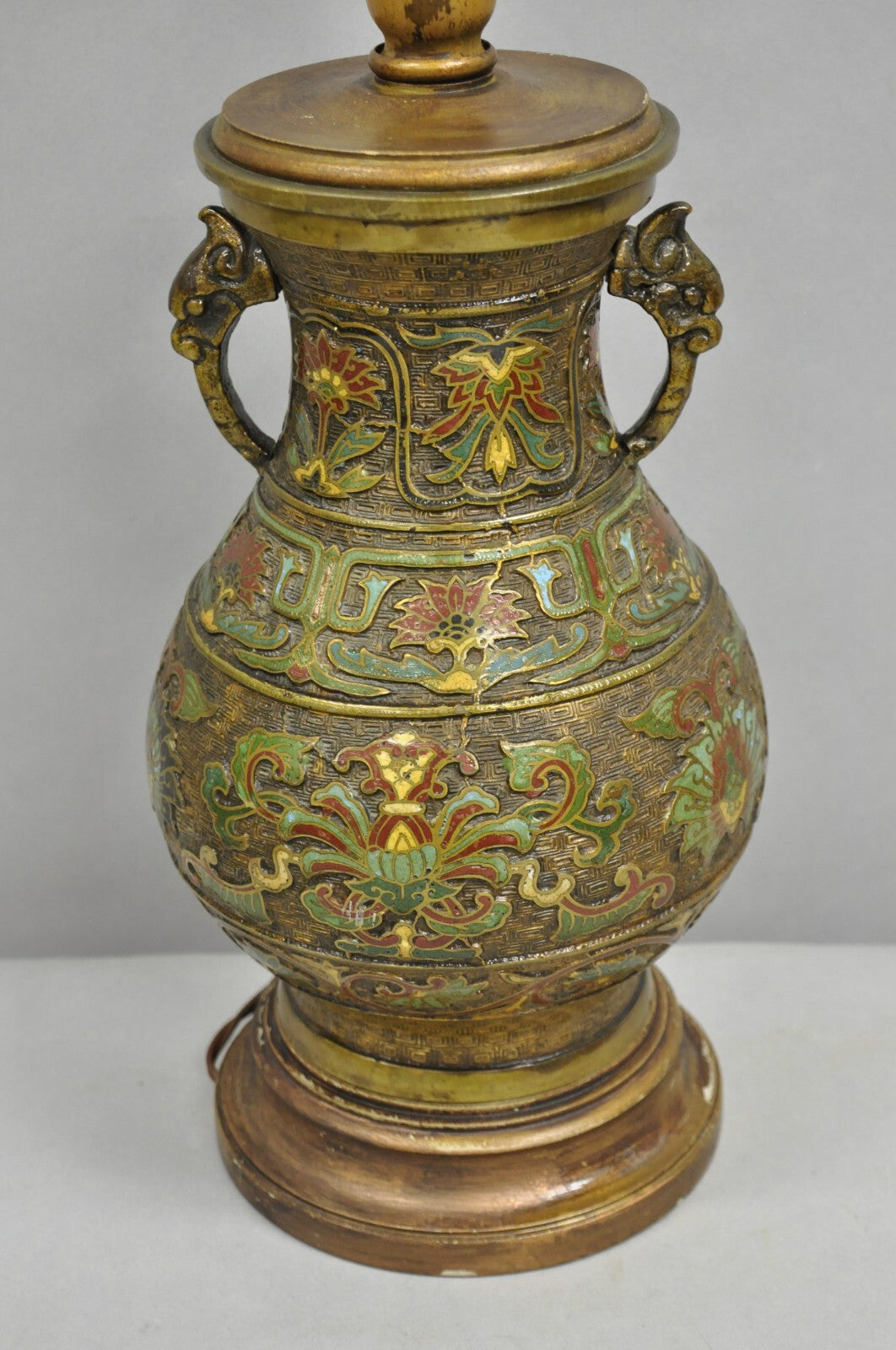 Vintage Chinese Porcelain Enamel Bronze Lacquered Cloisonne Champleve Table Lamp