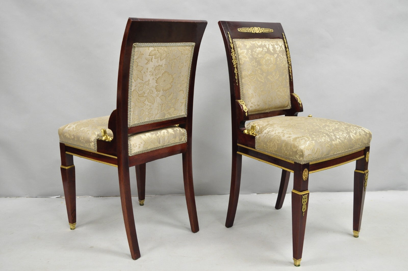 Vintage French Empire Mahogany Side Chairs with Bronze "Sphinx" Ormolu - a Pair