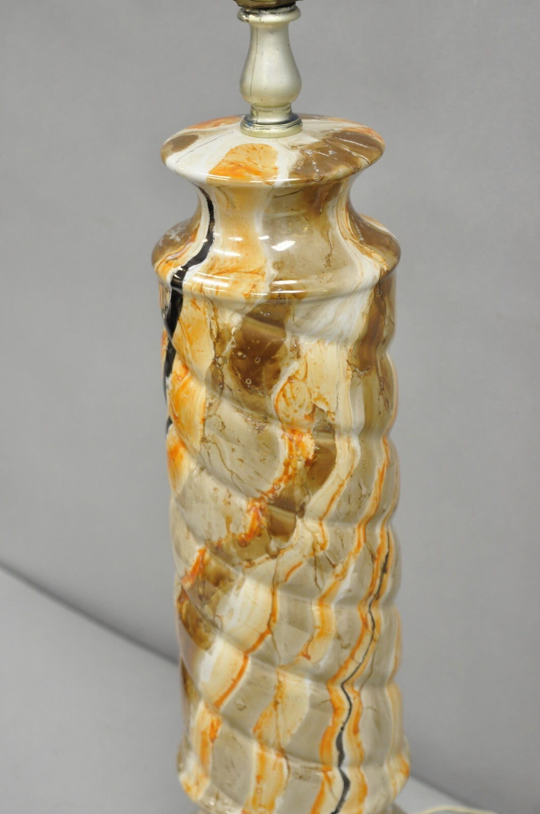 Vintage Mid Century Modern Glazed Pottery Orange Faux Marble Column Table Lamp