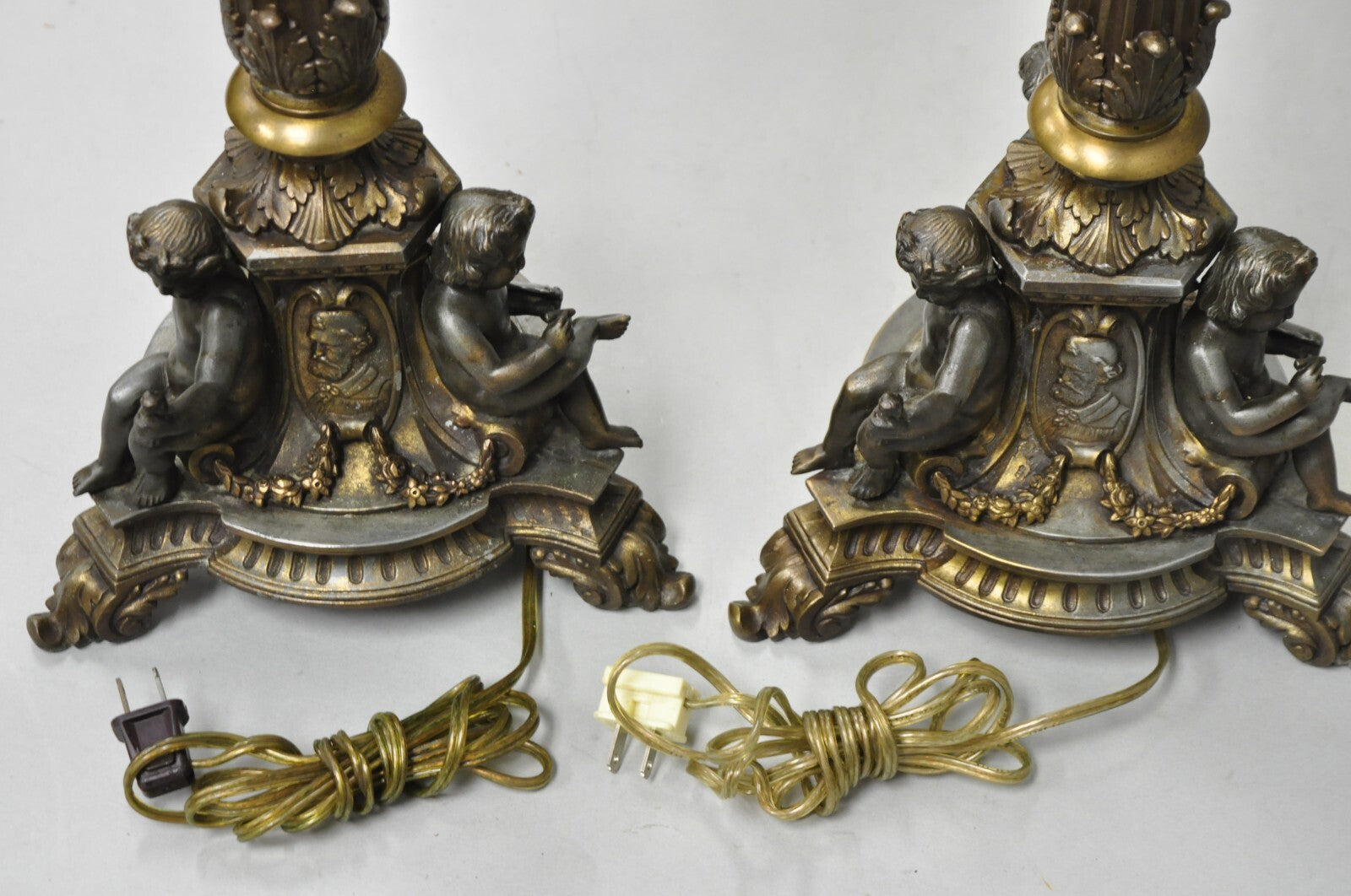 Antique French Empire Renaissance Gilt Metal  & Glass Cherub Table Lamps a Pair