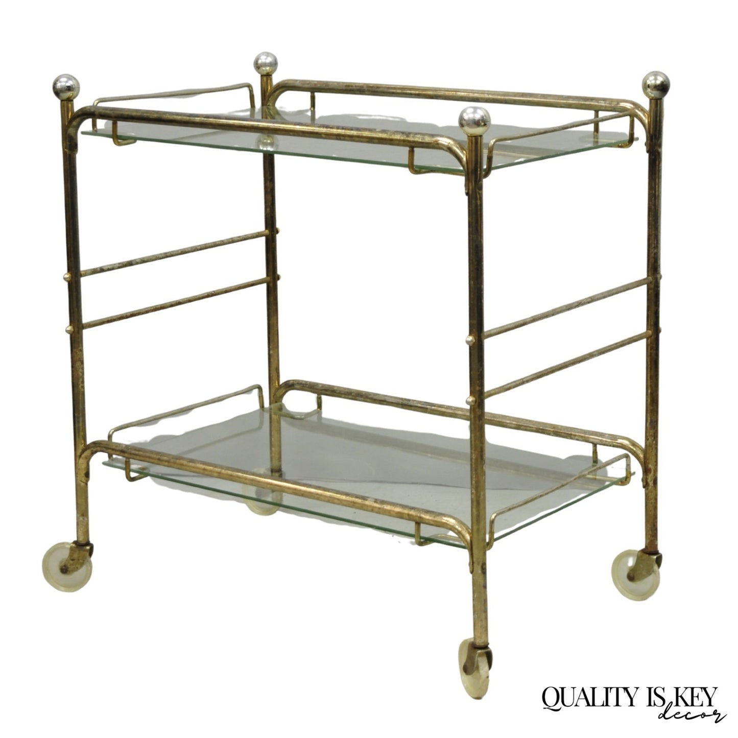 Vintage Mid Century Modern Metal 2 Tier Glass Shelf Rolling Liquor Bar Cart