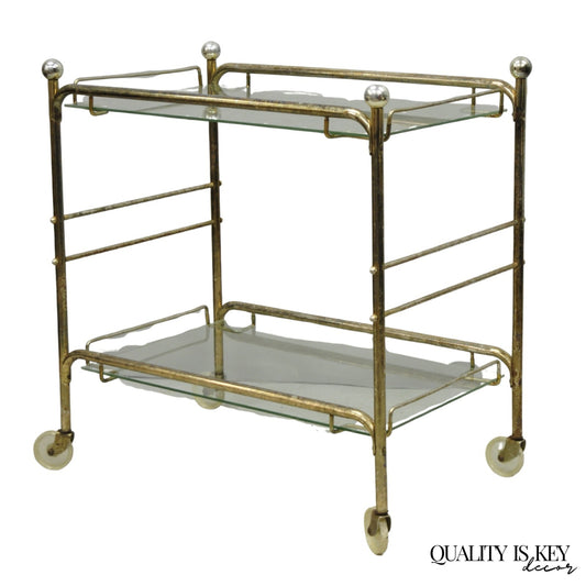 Vintage Mid Century Modern Metal 2 Tier Glass Shelf Rolling Liquor Bar Cart