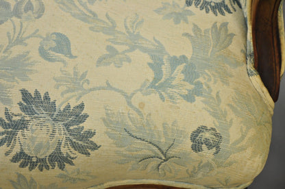 Antique French Country Provincial Carved Walnut Wingback Lounge Chairs Pair